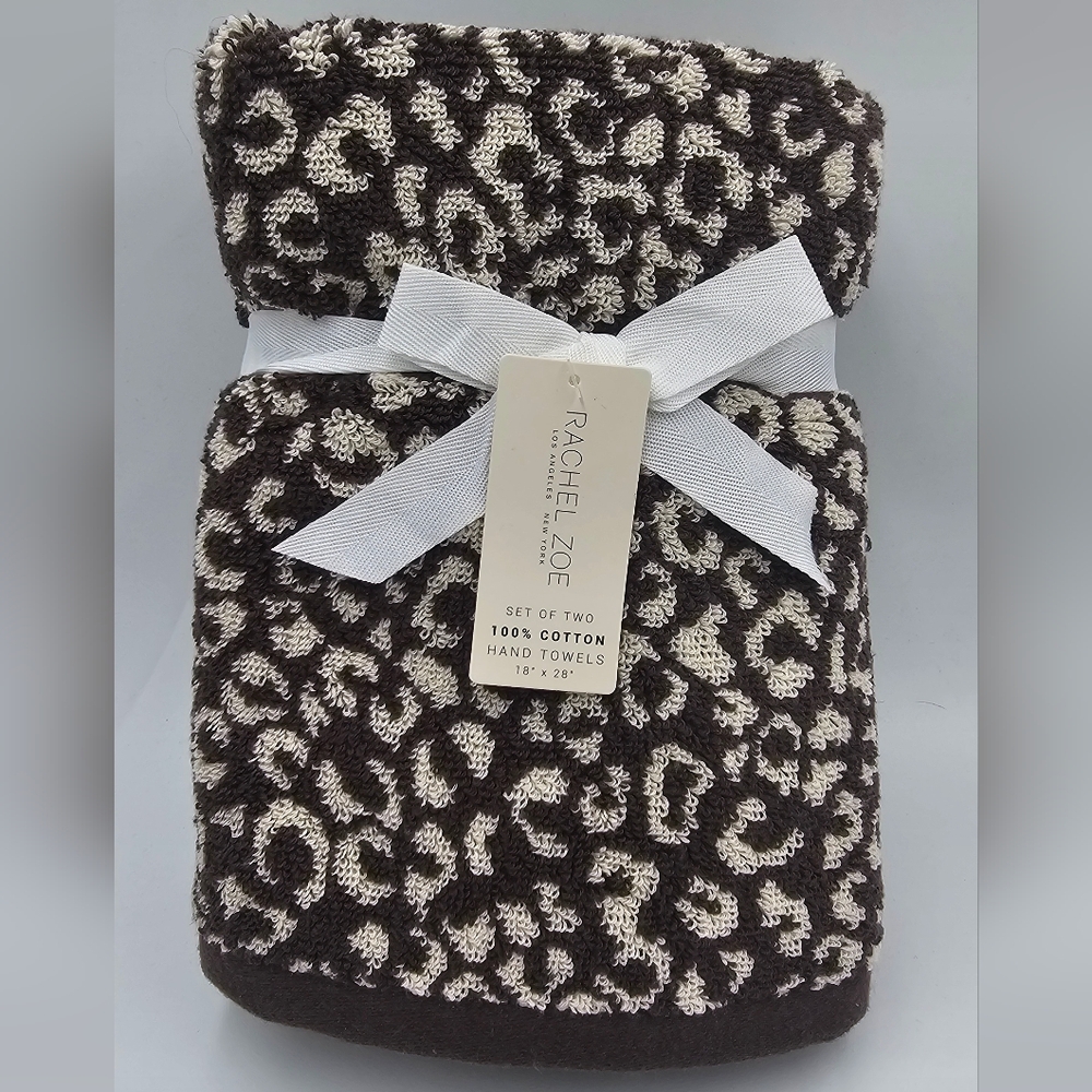 Rachel Zoe 2 Piece Cheetah Leopard Print Hand Towel Set Brown White 100% Cotton